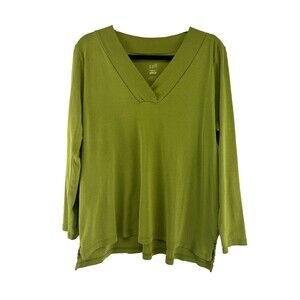 J Jill Perfect Pima Cotton Long Sleeve Top Lime Green V-Neck Stretch Women Large